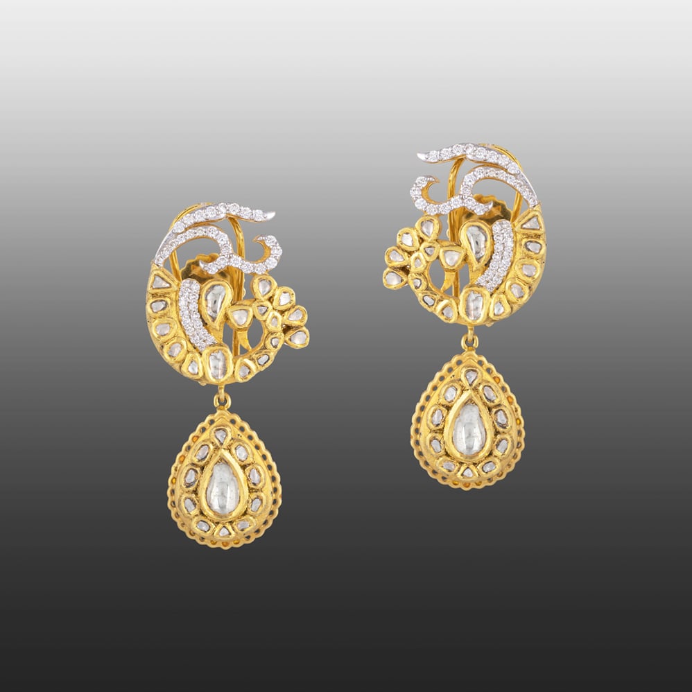 Peacock Polki Earrings with Diamond Accents and Teardrop Pendant